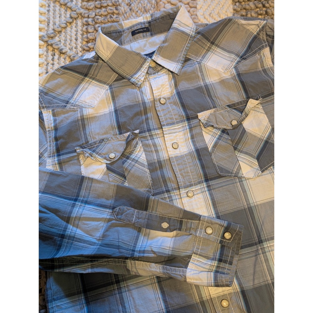 American Eagle Mens Western Plaid Pearl Snap Shirt Vintage Fit Grey Blue Large